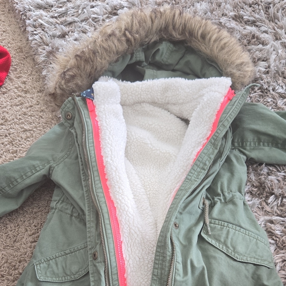 GAP Green Parka Jacket with Faux Fur Hood